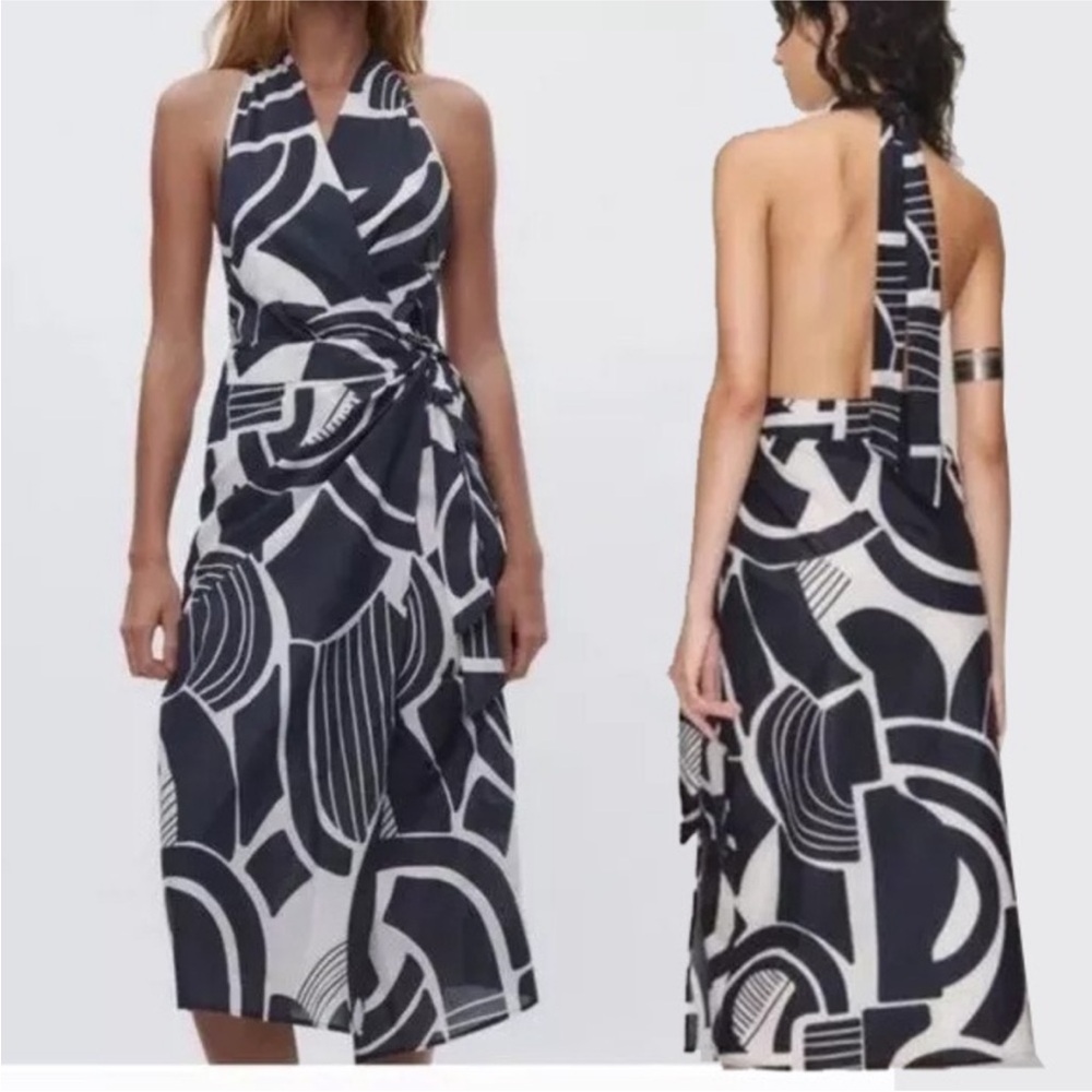 Zara Small NWT Black and White Halter/Backless Side Tie Sundress Lightweight